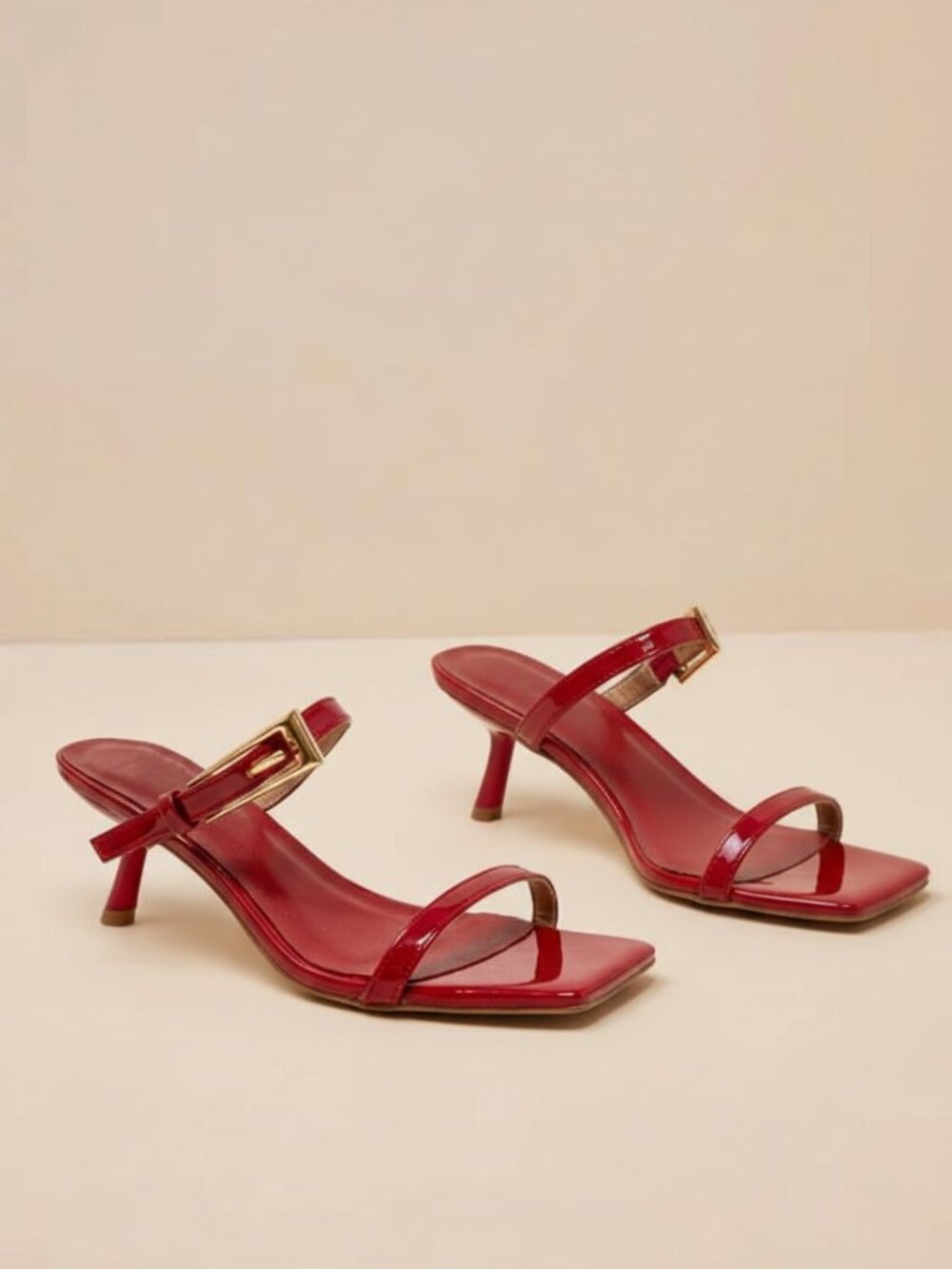 Women’s Patent Kitten Heel Sandals – Square Toe Slide Heels w/ Statement Buckle - Picture 2 of 3